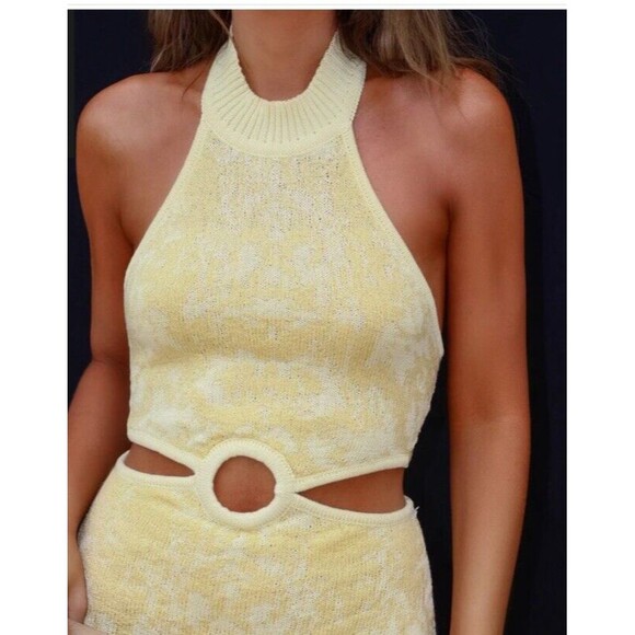 Lush Knitted Dress Womens Large Yellow Miami Bound Halter Fringe Hem Boho Beachy - Picture 1 of 10